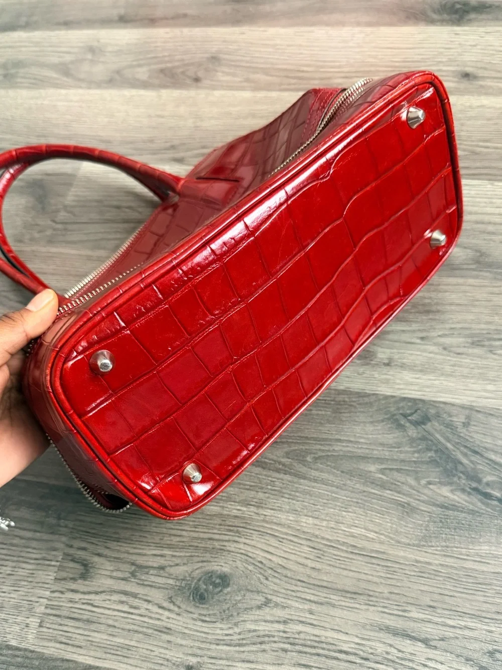 Red Croc-Embossed Structured Satchel Handbag